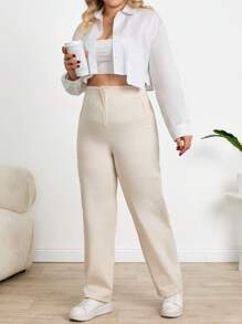 SHEIN Cottnline Women's Plus Linen Cotton Pleated Pants - Beige - View 2