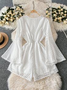 SHEIN LUNE Plus Size Women's Textured Sheer Panel Lace Trim Elegant Romper For Vacation - White - View 2