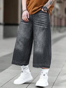 Manfinity EMRG 男式休闲宽松牛仔中长短裤，带口袋 - 灰色 - 查看 3