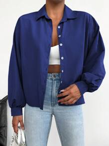 EURMUSE Cotton Solid Blue Drop Shoulder Oversized Shirt - Navy Blue - View 4