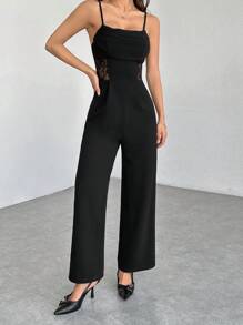 SHEIN PETITE 夏季垂坠领黑色连体裤、复古蕾丝镂空、阔腿连体裤、婚礼女士连体裤、秋冬连体裤、教师服装、老款连体裤、商务休闲连体裤、早午餐连体裤、外出连体裤、正式连体裤 - 黑色 - 查看 9