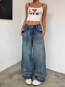 SHEIN EZwear 女式休闲百搭宽松低腰阔腿 Y2k 宽松牛仔裤