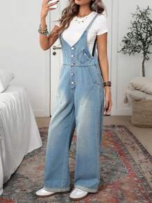 EMERY ROSE Women's Casual Slim Shoulder Spaghetti Strap, Front Button Pocket Denim Bib Overalls
