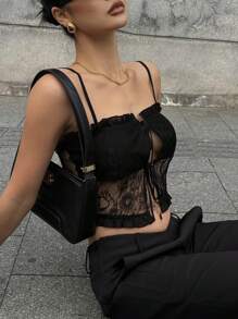 DAZY 女士蕾丝和网眼拼接性感透明吊带背心上衣舞会礼服 - 黑色 - 查看 3