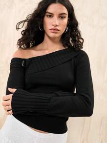 SHEIN EZwear 不對稱領帶扣細節套頭毛衣 - 黑色 - 查看 4