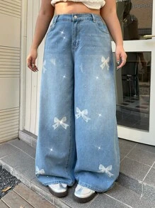 SHEIN MOD 大码蓝色牛仔裤蝴蝶结印花闪光钻石甜美直筒裤松紧腰休闲直筒裤春夏牛仔裤 - 淺色水洗藍 - 查看 7