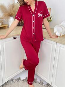 CoupledUp Letter Eyelash Print Contrast Color Trim V-Neck Top And Pants Women Pajama Set - Burgundy - View 4
