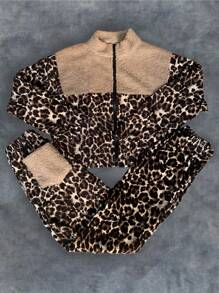 2pcs Women's Leopard Patchwork Jacket & Pants Set, Autumn/Winter