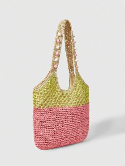 Kawaii Bolsa de mano tipo tote con bloques de color minimalista para mujer, para uso diario casual