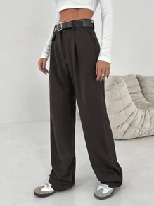 EURMUSE Women's Navy Blue Mid Rise Belted Suit Pants - Navy Blue - View 5