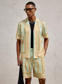 AKNOTIC Business Casual 2 peças/conjunto de camisa casual masculina solta com ombros caídos, adequada para uso diário no verão - Multicolorido - Ver 4