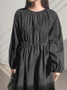 Dazy-Less Loose Casual Drawstring Tie Waist Mid-Length Dress For Women,Ruffle,Fall Dress Business Casual Woman Work Clothes Long Sleeve Dress