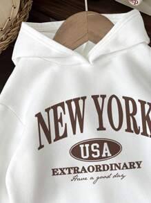 SHEIN Sudadera holgada con capucha de manga larga, estilo minimalista casual, con estampado de letras "New York" para adolescentes