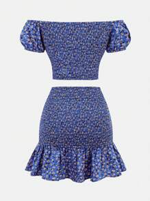 SHEIN Girlism Teen Girls Casual Blue Ditsy Floral Off Shoulder Ruffle Bow Decor Cropped Top And Ruffle Hem Skirt 2 Pieces Outfit Set, Spring/Summer, Vacation - Blue - View 2