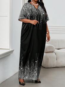 Fleurora Spring And Summer Autumn And Winter Elegant Party Commuting Office Colorful Woven Notched Ball Gown Short Sleeve Kaftan Dress Plus Size Dresses - Silver - View 5