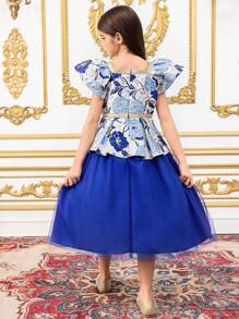 SHEIN Tween Girls Elegant Floral Jacquard Splice Mesh Ruffle Hem Dress - Blue - View 2