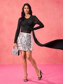 EZG 设计师银色亮片高腰 A 字形派对迷你裙节日