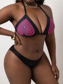 SHEIN Swim Curve Summer Plus Size Women Heart Print Spaghetti Strap Camisole, Black & Red Ribbed Fabric, Adjustable Straps, Simple & Suitable For Everyday, Vacation, Bikini Top