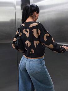 EURMUSE Women Leopard Pattern Bow Tie Front Drop Shoulder Cardigan - Multicolor - View 3