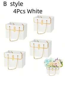 SHEIN 4 件/套优雅玫瑰花纸质礼盒，婚礼纸质花束收纳桶花店花卉手提包配金属链，花盒礼品包装袋完美的礼品包装，适用于婚礼生日节日派对情人节、圣诞节 - 彩色 - 查看 2