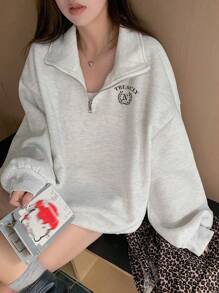 DAZY Áo nỉ chui đầu rộng rãi có cổ dành cho nữ, họa tiết nhỏ - Xám - Xem 5