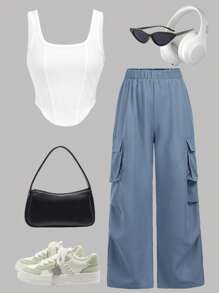 SHEIN Girlism Tween Girl 街头服饰针织方领吊带上衣和休闲裤 2 件套 - 霧霾藍 - 查看 3