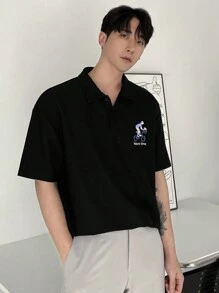 DAZY Polo nera da uomo con stampa di persone e lettere, estiva - nero - Visualizzare 1