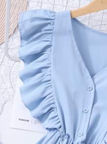 优雅少女天蓝色中长连衣裙，春夏 - 藍色 - 查看 6