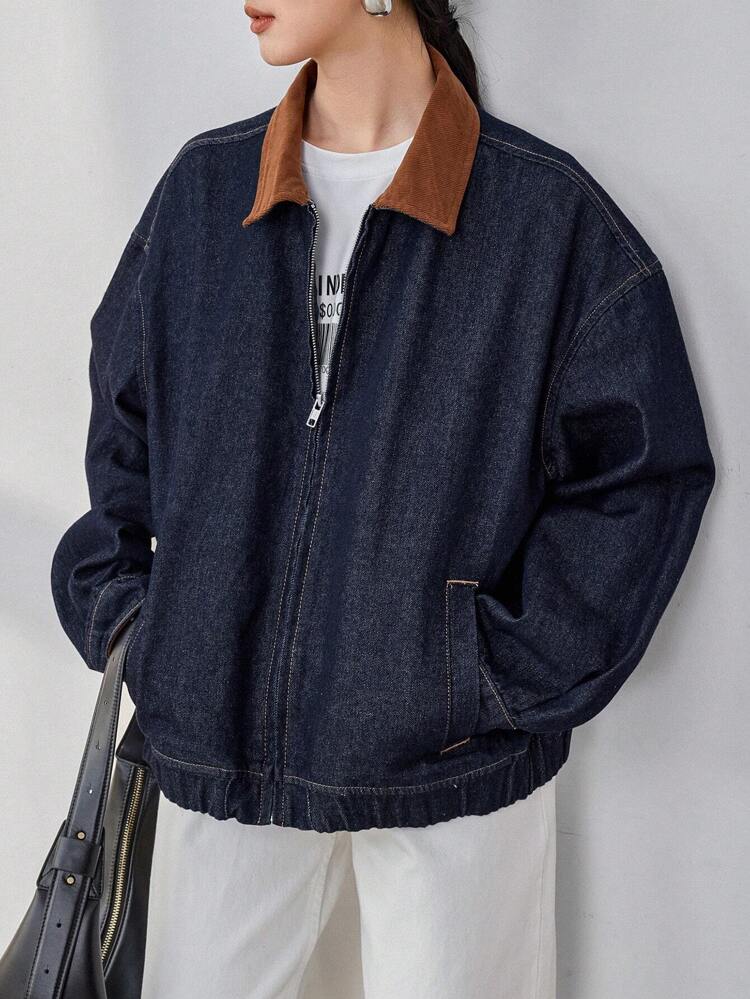 Chaqueta de mezclilla con bloques de color para mujer, ropa de otoño para mujer de estilo casual de negocios