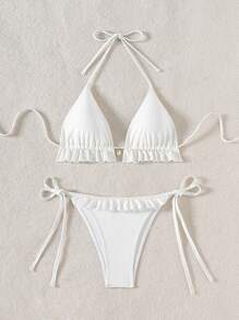 Swim Vcay 女士纯色荷叶边露背系带性感比基尼泳衣套装，夏季沙滩 - 白色 - 查看 5