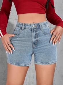 SHEIN PETITE Pantalones cortos de verano de mujer de moda de mezclilla con bolsillos en diagonal