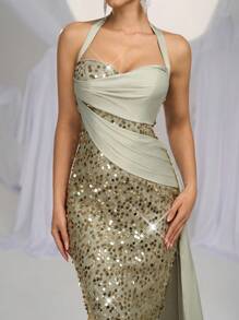 Glamrae Abito elegante, lussuoso e romantico, verde, con grandi paillettes, rifiniture in raso, vestibilità aderente, spacco sul retro, svasato sui lati, adatto per eventi di matrimonio, addio al nubilato, cene di gala, abito da cerimonia, abito da sera, abito da sera elegante - Verde - Visualizzare 2