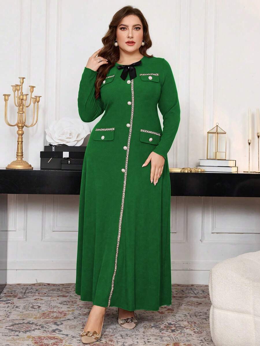 Modelyn 简约通勤罗纹蝴蝶结细节长袖 A 字加大码连衣裙，常规款式，适合春秋季长款女装 - 綠色 - 查看 1