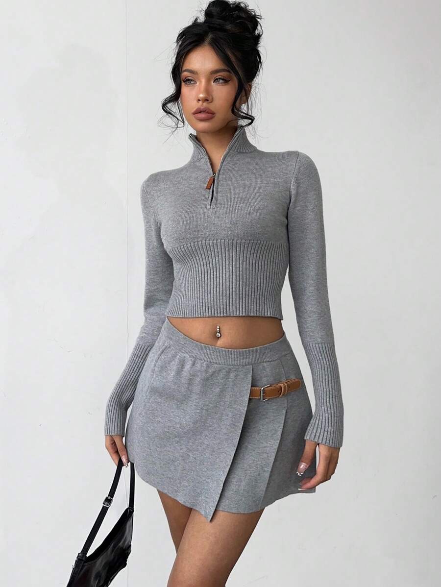 Aloruh 2pcs Women Casual Solid Cropped Sweater And Mini Skirt Set, Autumn/Winter - Grey - View 1