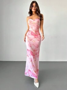 Firerie Đầm Maxi Ôm Body Hở Lưng In Lưới Chuyển Màu Ombre Lãng Mạn, Thiết Kế Phồng Nếp Thanh Lịch Dành Cho Nữ, Thích Hợp Cho Ngày Lễ Tình Nhân, Mùa Xuân/Hè - Hồng - Xem 6