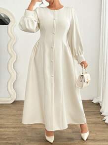 Celure Vestido largo de manga larga y cuello redondo minimalista con solapa falsa, elegante
