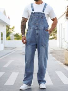 Manfinity LEGND Plus Size Men's Wide Strap Button Pocket Casual Bib Overalls - Blue - View 6