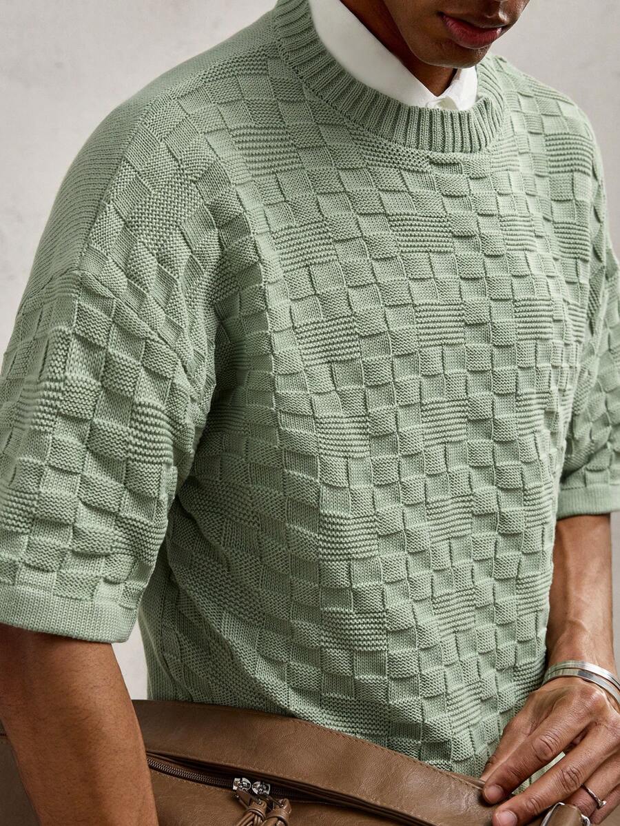 AKNOTIC Business Casual Men's Fitted Close Shoulder Short Sleeve Casual Knit Top, Suitable For Summer - Green - View 1