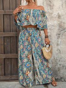 女式加大码花卉露肩短款上衣和阔腿裤套装 - 彩色 - 查看 1