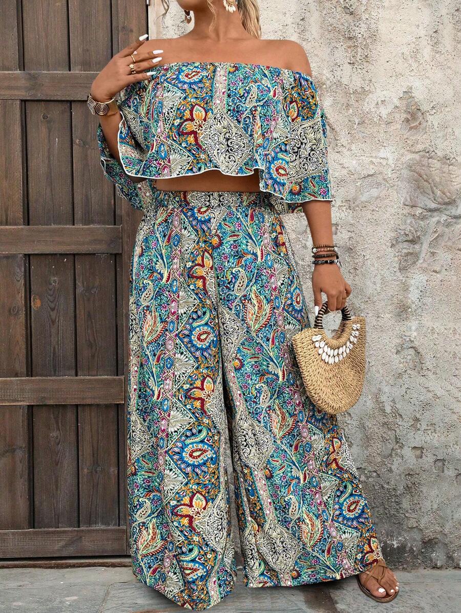 女式加大码花卉露肩短款上衣和阔腿裤套装 - 彩色 - 查看 1