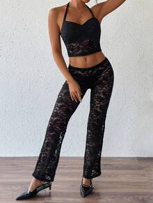 INAWLY 2 件套女士透明性感黑色蕾丝短款吊带背心 + 高腰蕾丝长裤套装，春夏 - 黑色 - 查看 6