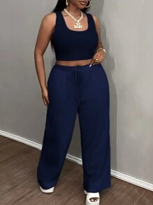 Slaydiva 2024 年新款 3 件套女士加大码基本纯色长袖短款上衣、细肩带吊带背心和宽松长裤休闲装