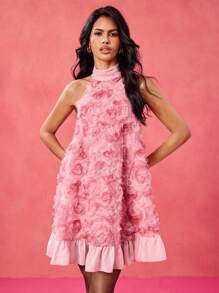 EZG Váy ngắn cổ chữ A viền bèo nhún bằng vải voan màu hồng thanh lịch của nhà thiết kế, tiệc cưới, trang phục sinh nhật, ngày lễ tình nhân, lễ hội, trang phục hòa nhạc, trang phục lễ hội rave, màu phấn, váy dạ hội - Hồng - Xem 6