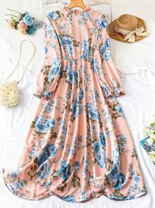 SHEIN Clasi 大码女式花卉印花长袖连衣裙长款女式服装 - 藕粉色 - 查看 2