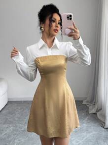 Elenzga Spring/Summer Fashion 2 In 1 Colorblock Shirt Dress, Suitable For Valentine's Day Fall Cloth For Women - Gold - View 4