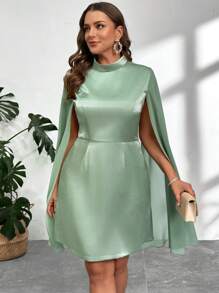 SHEIN Privé Plus Size Elegant Party Solid Color Stand Collar Cape Sleeve Dress - Green - View 6