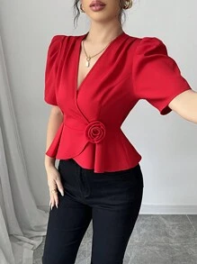 Elenzga 女士优雅 V 领分层肩部收腰公主袖花卉 3D 立领短上衣衬衫，浪漫通勤、节日、情人节