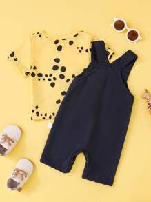 SHEIN 2pcs/Set Baby Boys Cute Cartoon Giraffe Embroidered Romper + Short Sleeve T-Shirt Set, Suitable For Outdoor Activities, Casual Wear, Birthday Photo Shoot, Spring/Summer
