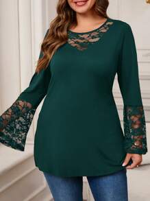 EMERY ROSE Ropa de invierno talla grande para mujeres, ropa navideña para mujeres de unicolor con inserto de encaje, cuello redondo, manga larga, camiseta casual