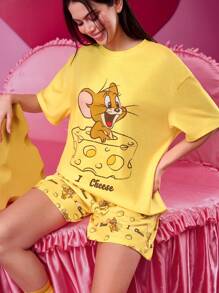 TOM & JERRY X SHEIN Women Yellow Cheese Jerry Cartoon Print Pajama Short Sleeves Set Women Sleepwear Christmas Pajamas Valentine's Day Funny T Shirt Spring&Summer 2 Pieces Sets Ladies